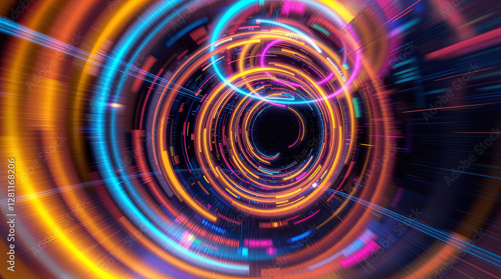 abstract astral corridor-portal with bright neon light effects, spirals of light