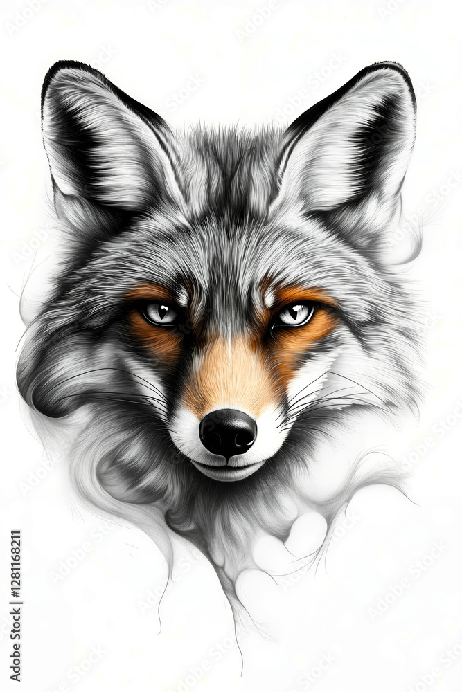 Fototapeta premium A drawing of a fox's face on a white background