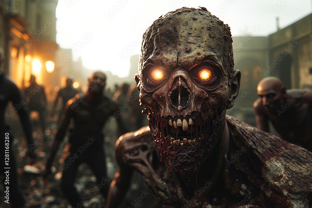 A group of zombies walking down a city street at night A group of zombies walking down a city street at night