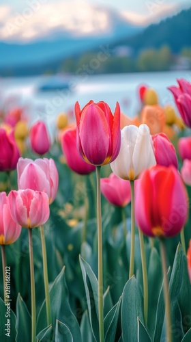 photo of tulip field by the lake. copy space image with high quality