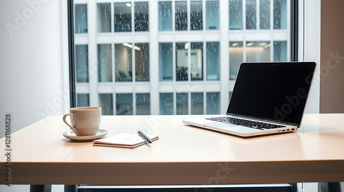 Wallpaper Mural Modern Office Desk with Laptop, Notebook, Pen, and Coffee – Productive Workspace Torontodigital.ca