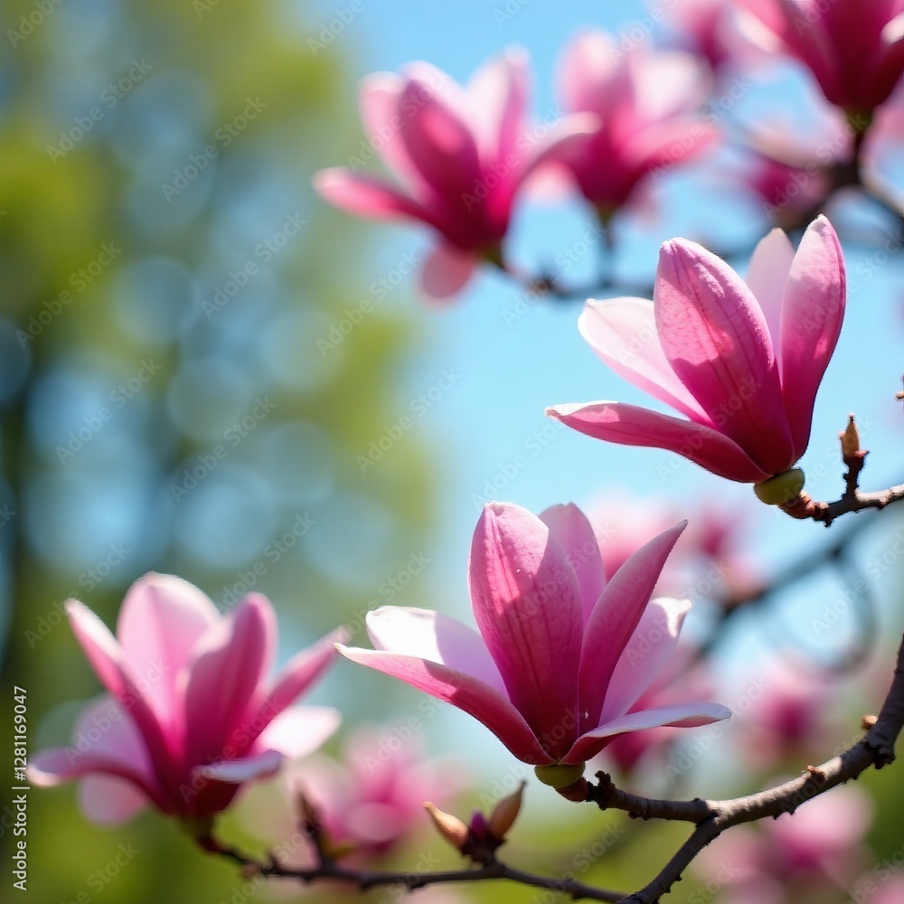 Obraz premium Magnolia tree branches with pink flowers on a sunny day in a garden, nature, spring