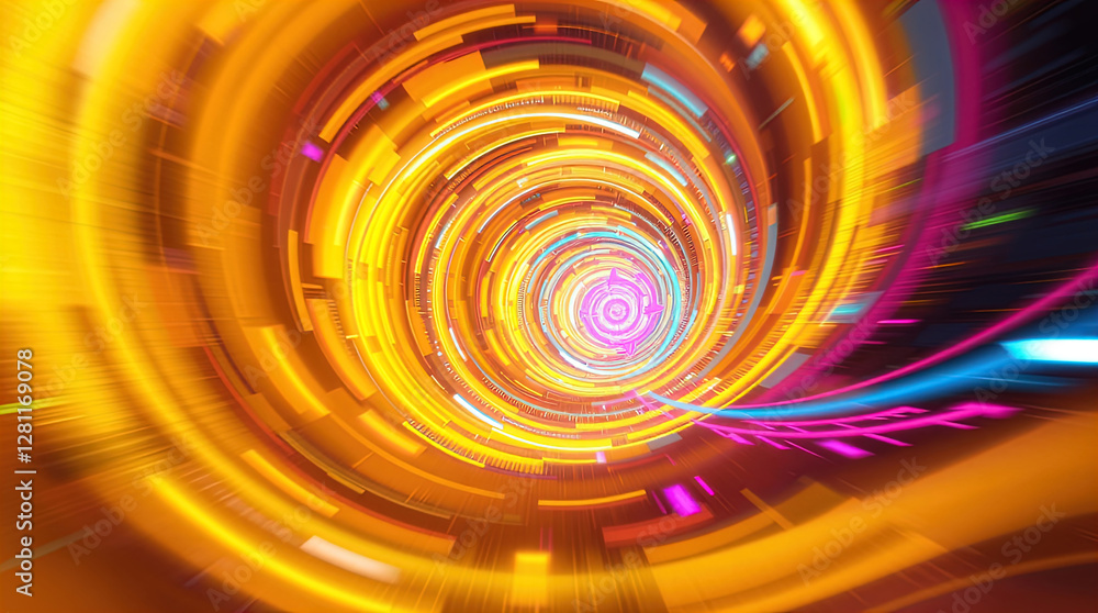 abstract astral corridor-portal with bright neon light effects, spirals of light