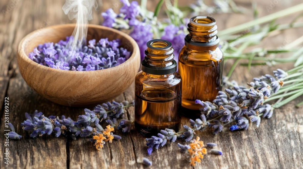 Two amber bottles of lavender essential oil with dried lavender flowers in a wooden bowl on a rustic wooden surface. Two amber bottles of lavender essential oil with dried lavender flowers in a wooden bowl on a rustic wooden surface.