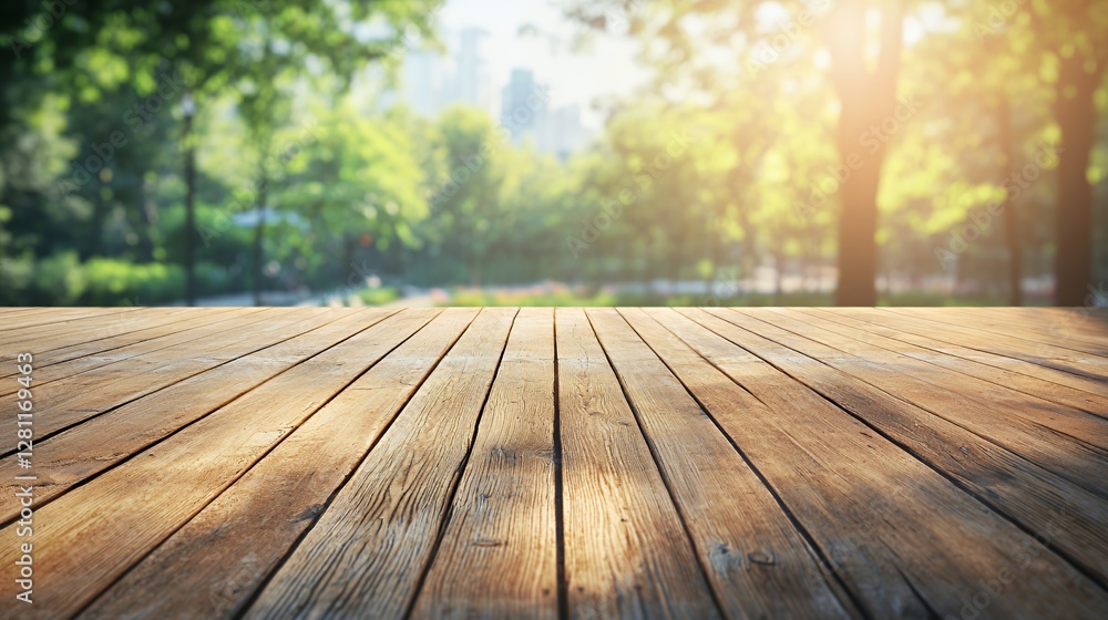 Rustic Wooden Table Against a Blurred Summer Park Background Rustic Wooden Table Against a Blurred Summer Park Background