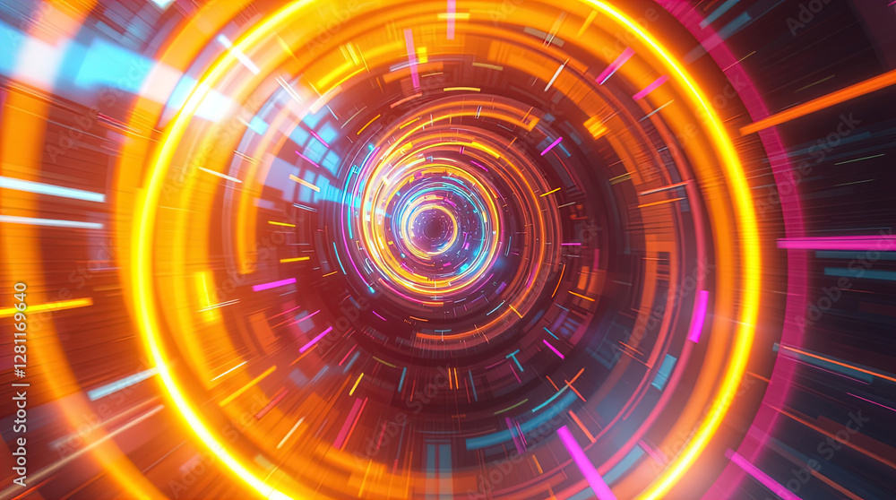 abstract astral corridor-portal with bright neon light effects, spirals of light