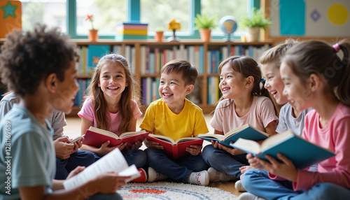 A lively image of a group of children sitting together in a classroom, enthusiastically reading books and sharing stories. This photo celebrates the joy of collective learning