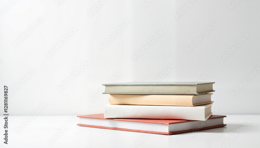 Fototapeta premium A simple yet elegant photo of a stack of hardcover books against a white background, emphasizing the beauty of literature and knowledge.