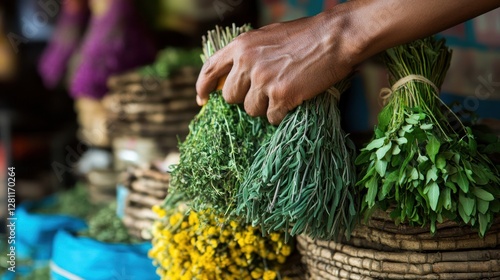 Close-up of hands selecting bundles of fresh herbs at a market stall.