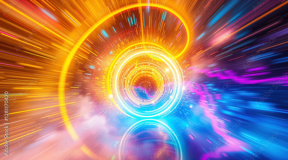 abstract astral corridor-portal with bright neon light effects, spirals of light