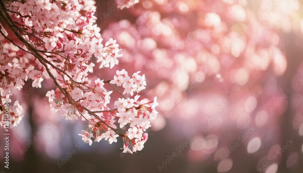 Obraz premium 満開に咲く桜と花びら 入園入学新生活 お花見タイトルバナー コピースペース