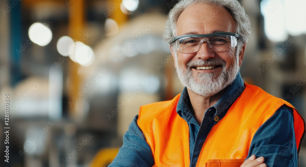 Senior worker with grey hair smiles while wearing safety glasses and reflective vest in a busy industrial environment Senior worker with grey hair smiles while wearing safety glasses and reflective vest in a busy industrial environment