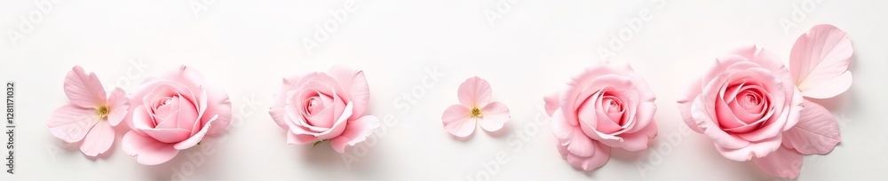 Minimalist composition of delicate pink roses on plain white backdrop, composition, beauty Minimalist composition of delicate pink roses on plain white backdrop, composition, beauty