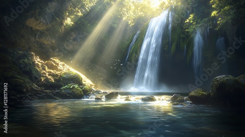 Sunlit Waterfall in Lush Tropical Forest