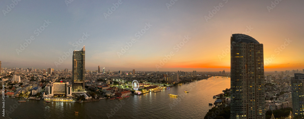 Sunset panorama at The chao phraya river in Bangkok