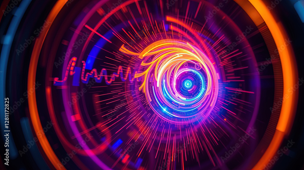 abstract astral corridor-portal with bright neon light effects, spirals of light