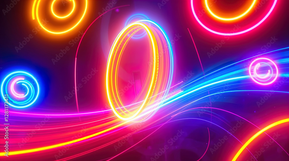 abstract astral corridor-portal with bright neon light effects, spirals of light
