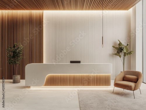 A modern reception area featuring a minimalist design and furniture