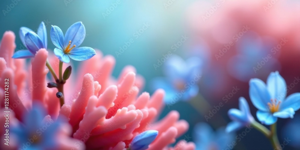 Fototapeta premium Delicate Blue Flowers Emerging from a Coral-Like Structure in a Soft, Dreamy Setting