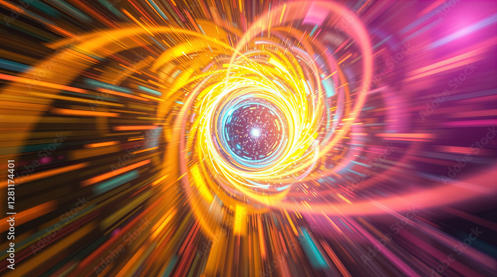 abstract astral corridor-portal with bright neon light effects, spirals of light