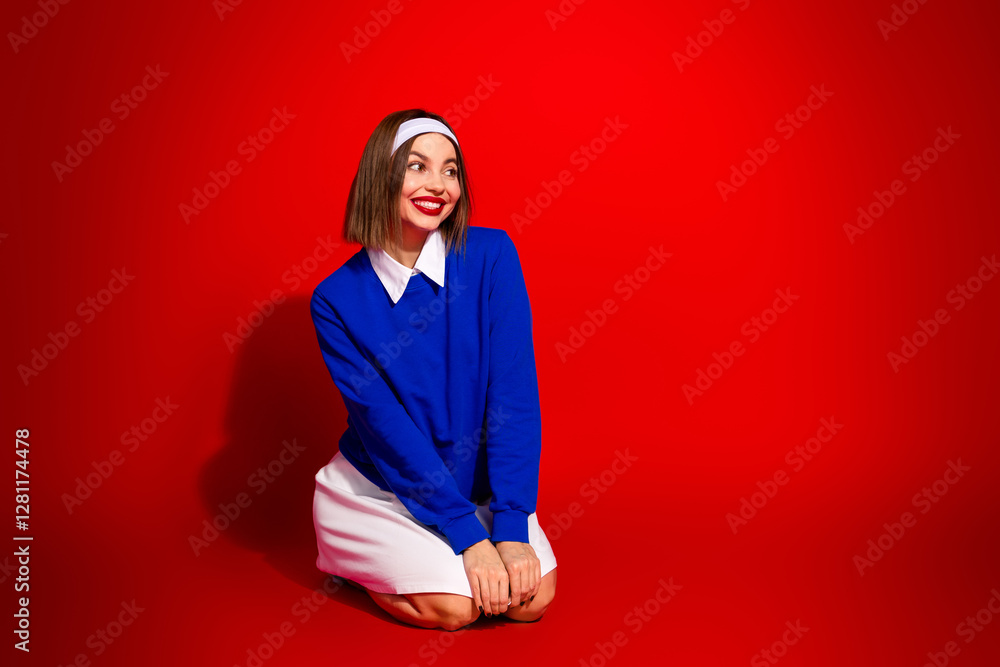Fototapeta premium Cheerful young woman wearing a blue sweater and a stylish outfit on a vibrant red background