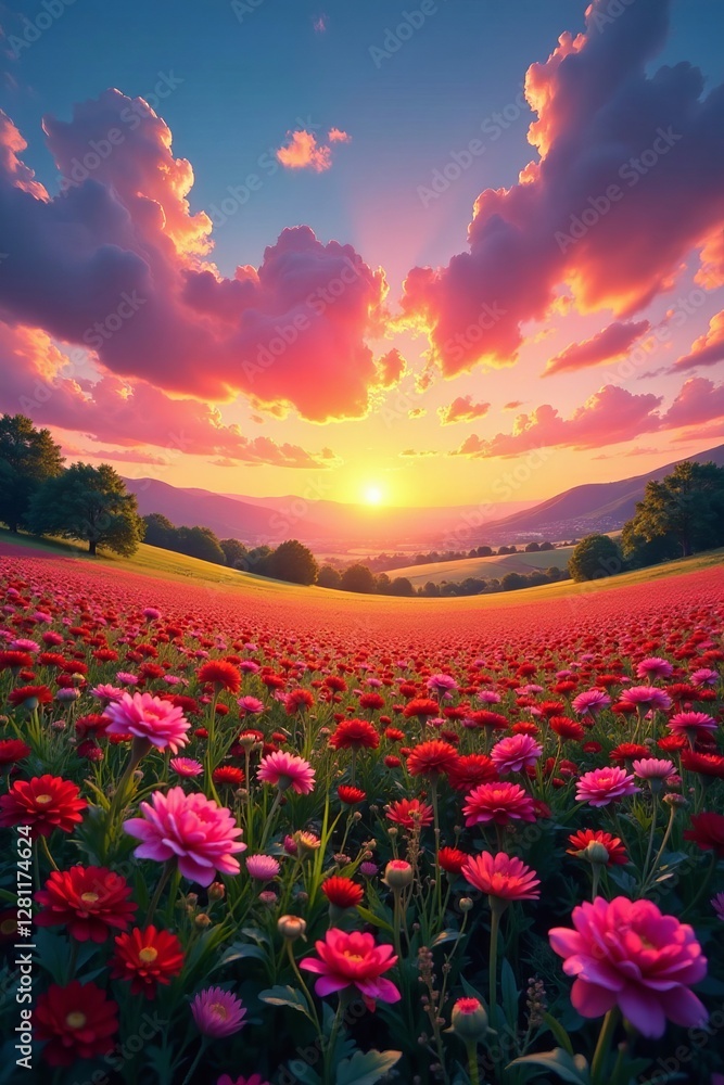 Fototapeta premium A panoramic view of a colorful sunset over a vibrant field filled with blooming flowers, scenery, meadow, landscape