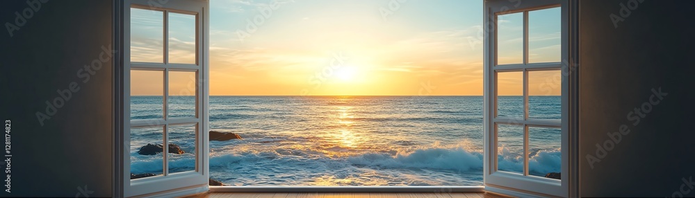 Open window overlooking a serene ocean view, gentle waves, calm horizon, soft golden light filtering through, creating a relaxing, peaceful atmosphere Open window overlooking a serene ocean view, gentle waves, calm horizon, soft golden light filtering through, creating a relaxing, peaceful atmosphere