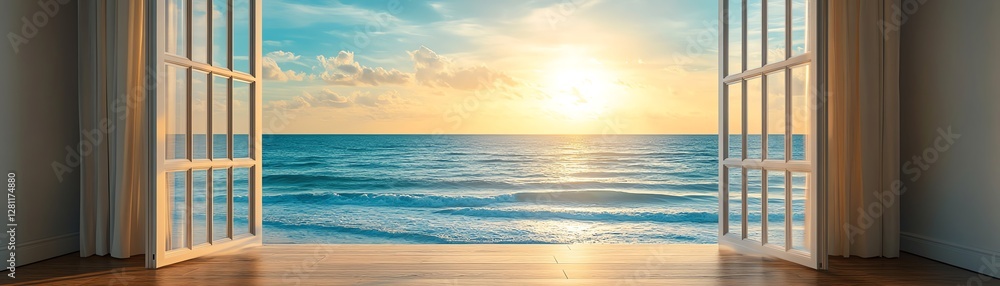 Open window overlooking a serene ocean view, gentle waves, calm horizon, soft golden light filtering through, creating a relaxing, peaceful atmosphere Open window overlooking a serene ocean view, gentle waves, calm horizon, soft golden light filtering through, creating a relaxing, peaceful atmosphere