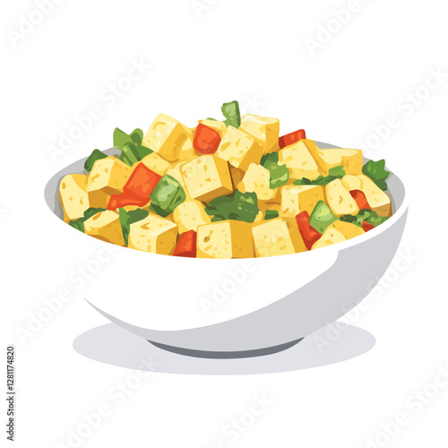 Flat vector tofu scramble, minimalist design, isolated on a white background.

