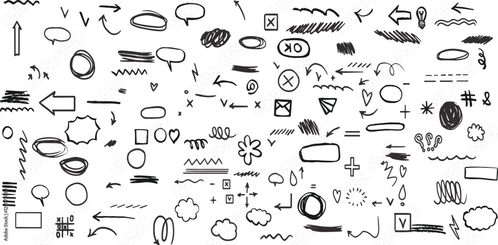 Naklejka premium Chalk scribble doodle arrow, line elements set. Crayon arrow, underline, handwritten mark check.