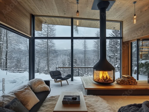 Cozy living room with a fireplace and snowy surroundings