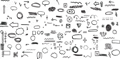 Chalk scribble doodle arrow, line elements set. Crayon arrow, underline, handwritten mark check.