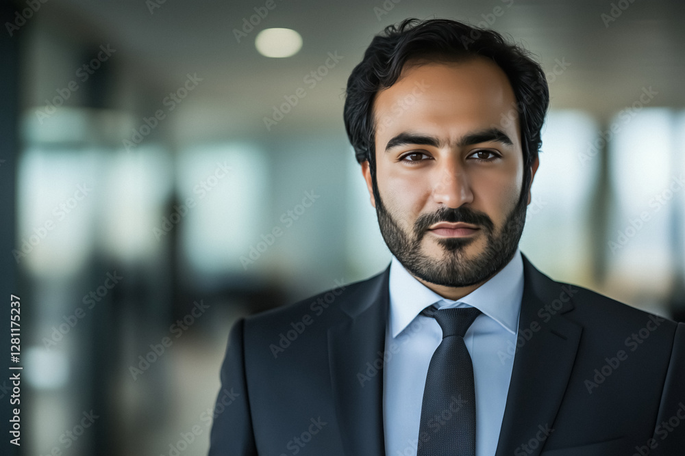 Fototapeta premium Portrait of confident businessman in suit standing in modern office building camera