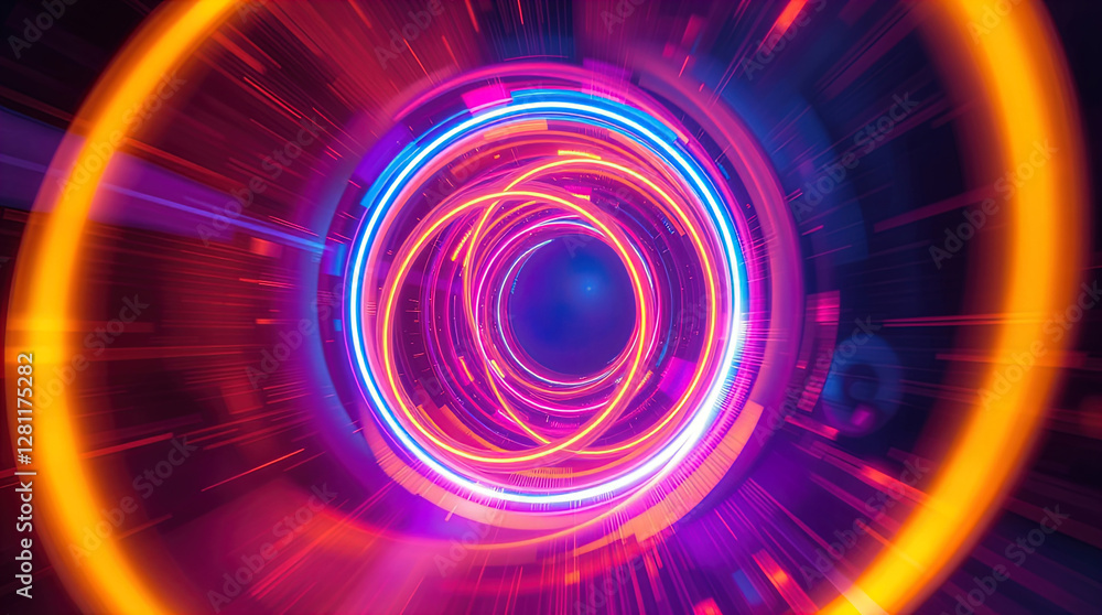 abstract astral corridor-portal with bright neon light effects, spirals of light