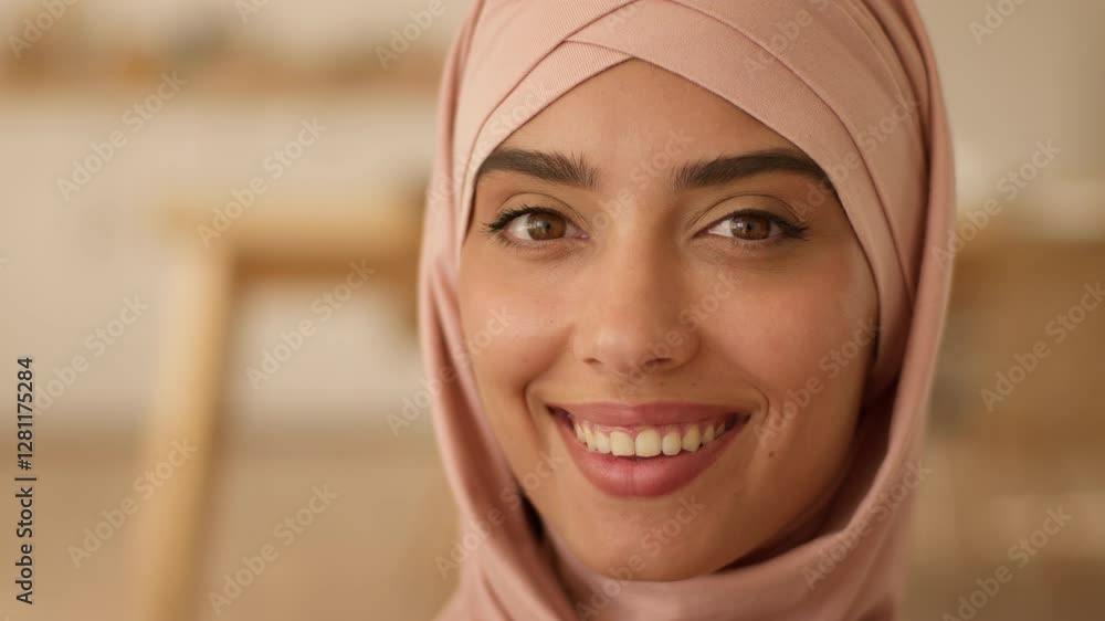 Pensive thinking dreaming woman in hijab look away think looking at camera happy toothy smiling Arabian at home portrait Islamic lady Muslim Indian girl female face close up business businesswoman Pensive thinking dreaming woman in hijab look away think looking at camera happy toothy smiling Arabian at home portrait Islamic lady Muslim Indian girl female face close up business businesswoman