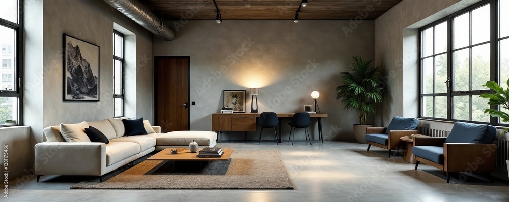 Fototapeta premium Modern loft living room with sleek furniture, concrete floors, and industrial aesthetic, minimalistic, industrial