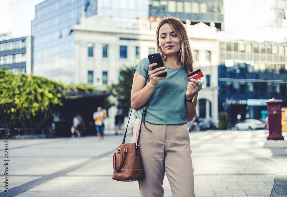 Phone, online shopping or young woman with credit card for payment, internet purchase or ecommerce on city street. Fintech, happy or employee for trading, banking or investment with smile in city. Phone, online shopping or young woman with credit card for payment, internet purchase or ecommerce on city street. Fintech, happy or employee for trading, banking or investment with smile in city.