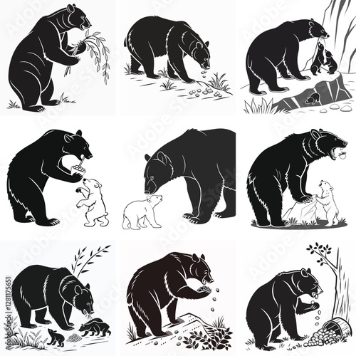 Black Bear Vector Illustration Set: Wildlife Animal Graphic Art, Mother & Cub Clipart, Nature Design Elements, Silhouette Drawings