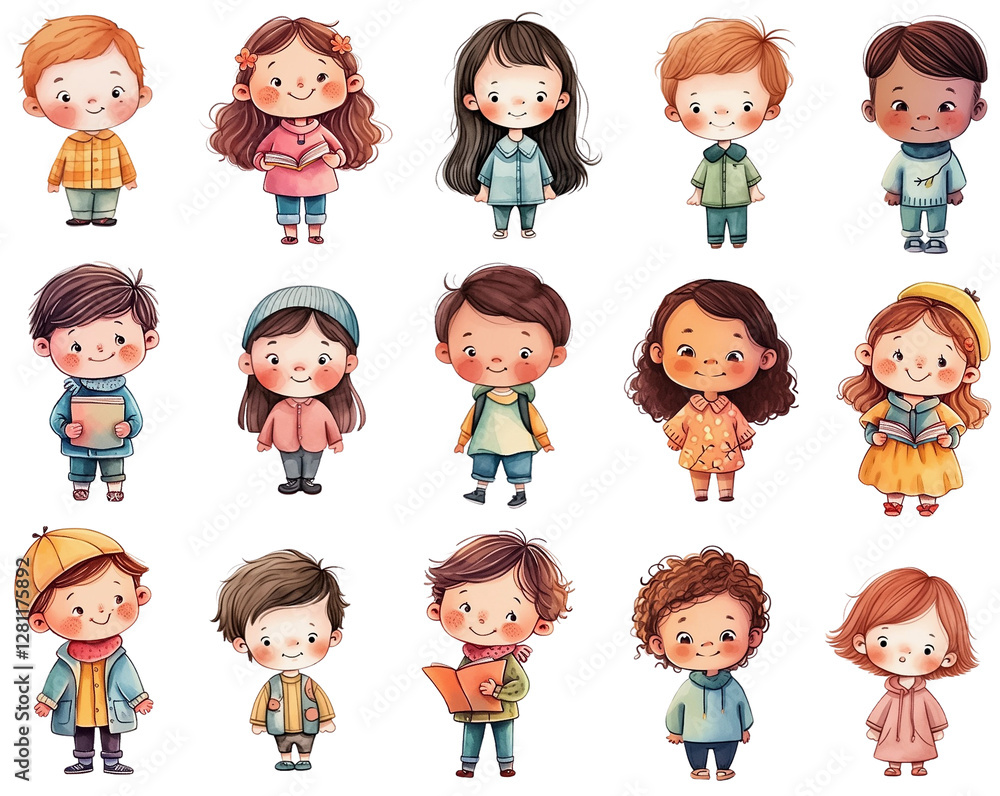 Set of happy cartoon kids clipart, isolated characters. Little boys and girls standing. Cute children at full height Set of happy cartoon kids clipart, isolated characters. Little boys and girls standing. Cute children at full height