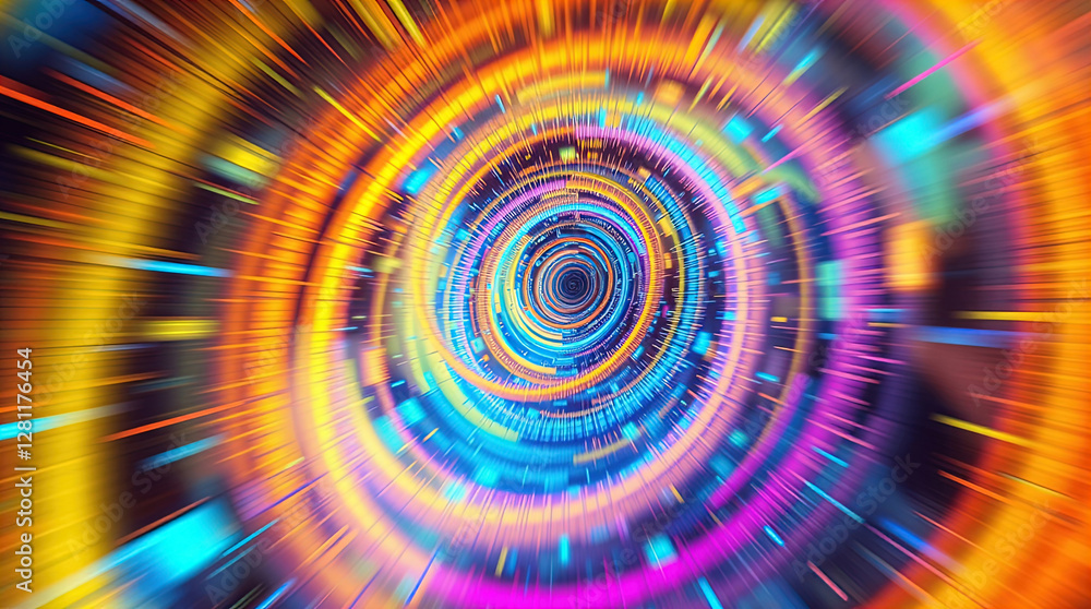 abstract astral corridor-portal with bright neon light effects, spirals of light