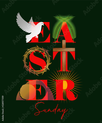Easter Sunday typography concept with Holy Week icons. Church web banner template with dove, palm branches, crown of thorns, open tomb and sunrise beams. Vector illustration