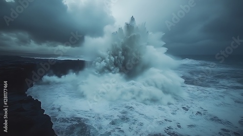 Dramatic ocean wave explosion, stormy coast