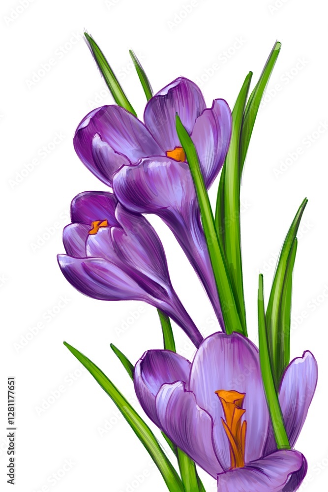 purple crocus spring flowers. realistic botanical illustration on white background. art design for postcards and invitations purple crocus spring flowers. realistic botanical illustration on white background. art design for postcards and invitations