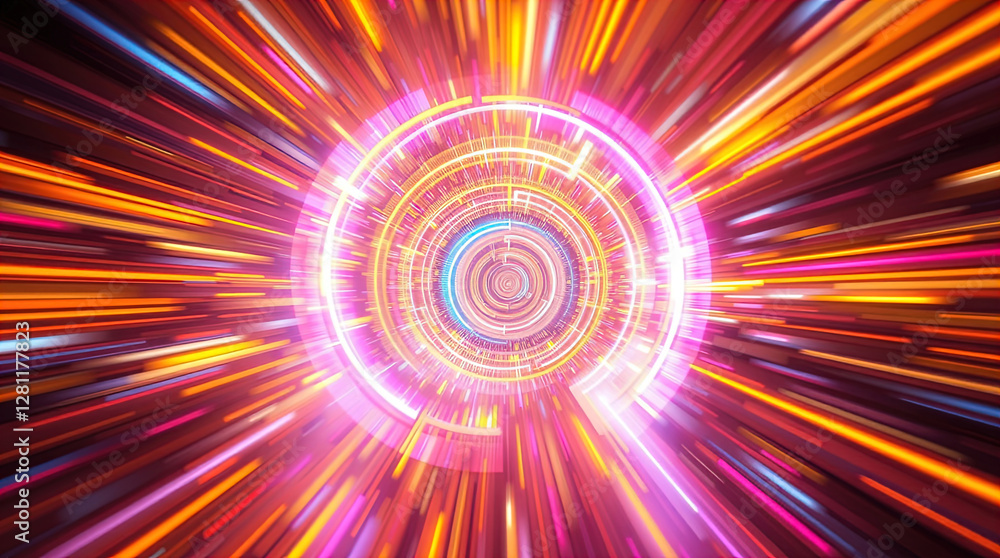 abstract astral corridor-portal with bright neon light effects, spirals of light