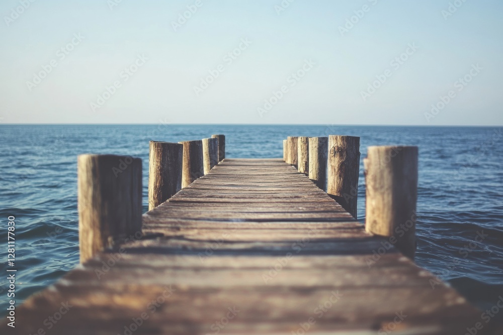 Obraz premium Wooden pier extending into calm waters under a clear blue sky during a serene morning. Generative AI