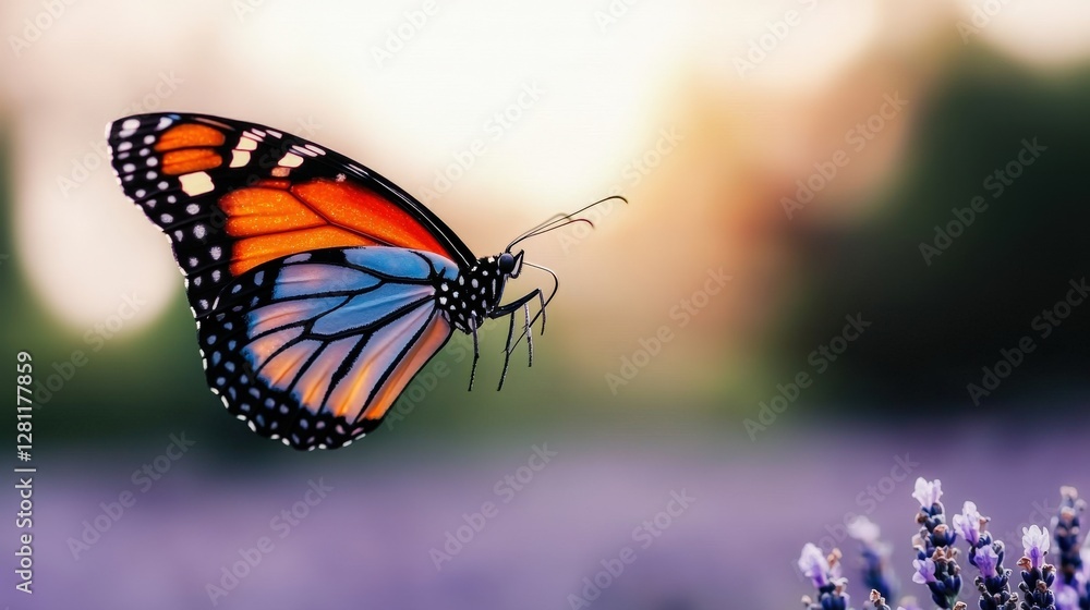 Obraz premium Delicate Monarch Butterfly Hovering Over Lavender Flowers Nature Photography Serene Garden Macro View Beauty of Insects