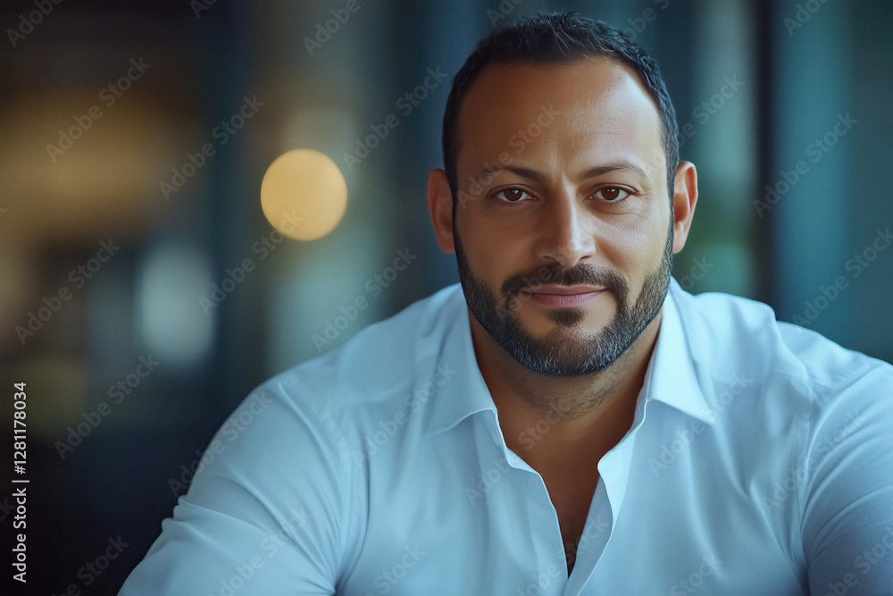 Confident man with neatly trimmed beard wearing crisp white dress shirt directly viewer Confident man with neatly trimmed beard wearing crisp white dress shirt directly viewer