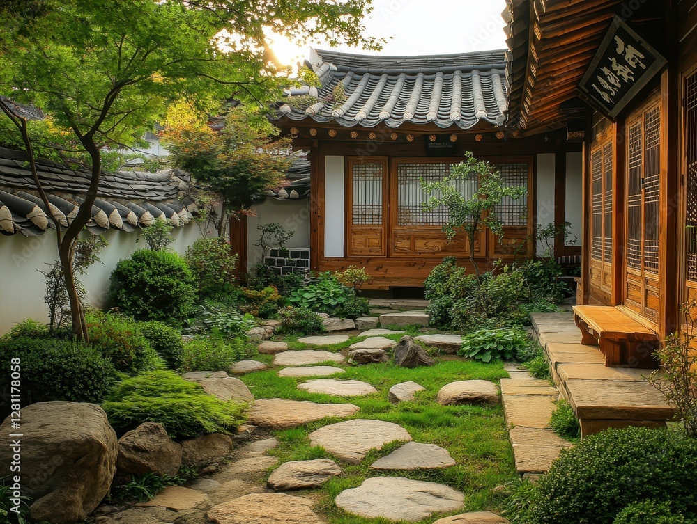 A traditional stone pathway in a tranquil garden setting A traditional stone pathway in a tranquil garden setting