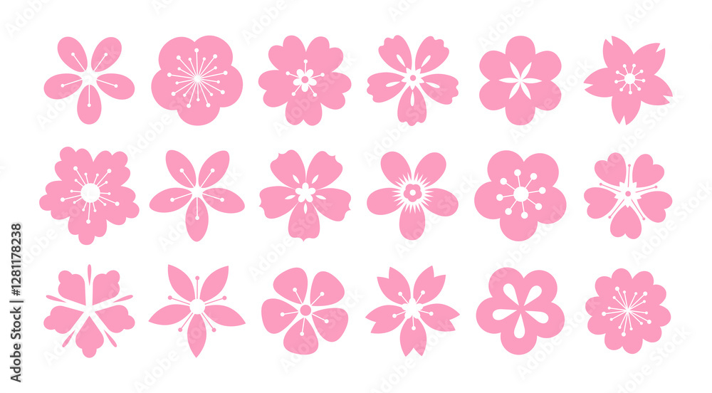 Set of diverse geometric soft pink sakura flowers. Spring cherry blossoms. Vector flat illustration. Set of diverse geometric soft pink sakura flowers. Spring cherry blossoms. Vector flat illustration.