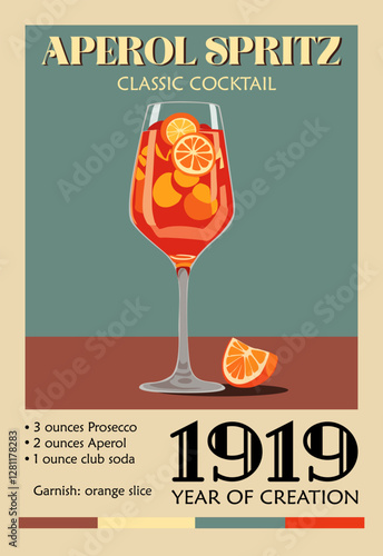 Aperol Spritz cocktail poster in retro mid century modern style with recipe. Popular alcohol drink bar cart digital art. Colorful flat vector illustration